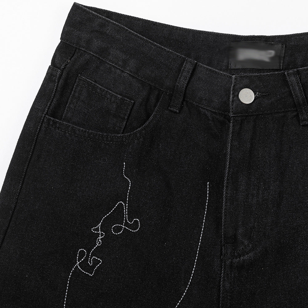 Line Embroidery Straight Jeans Men