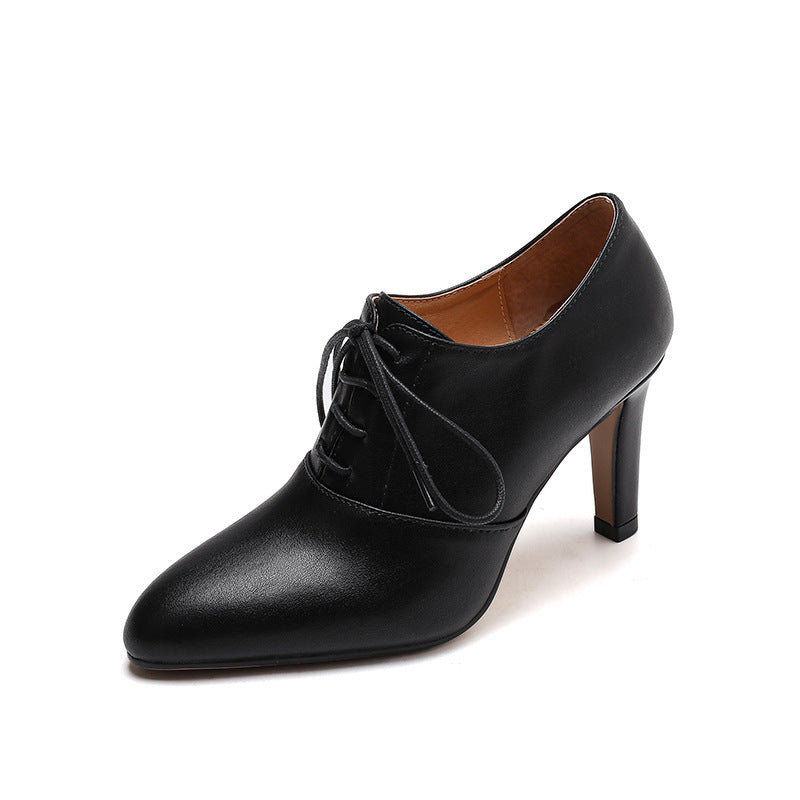 High Heel Lace-up Authentic Leather British Style Pointed Leather Shoes Mid Heel Loafers