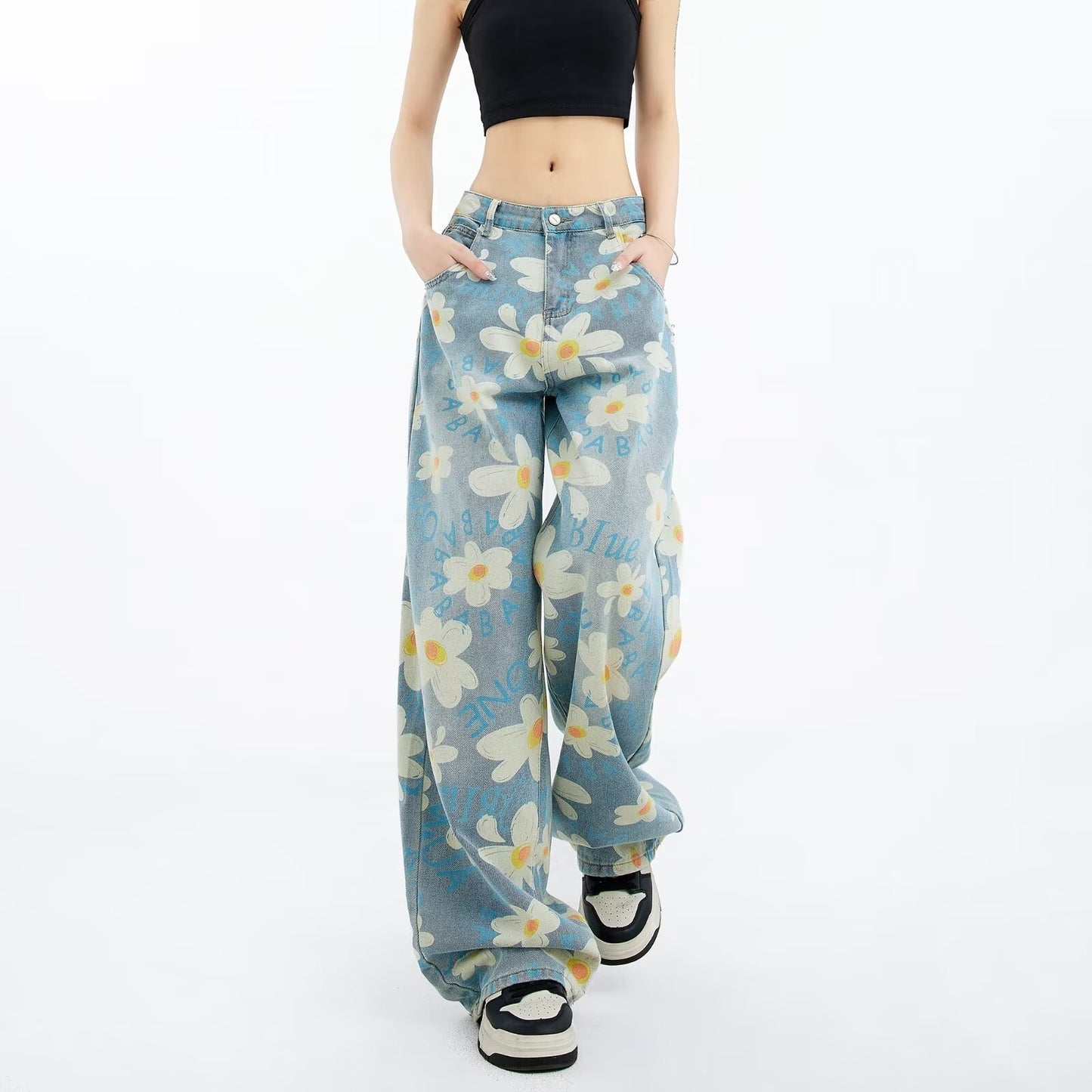 Printed Floral Wide-leg Jeans