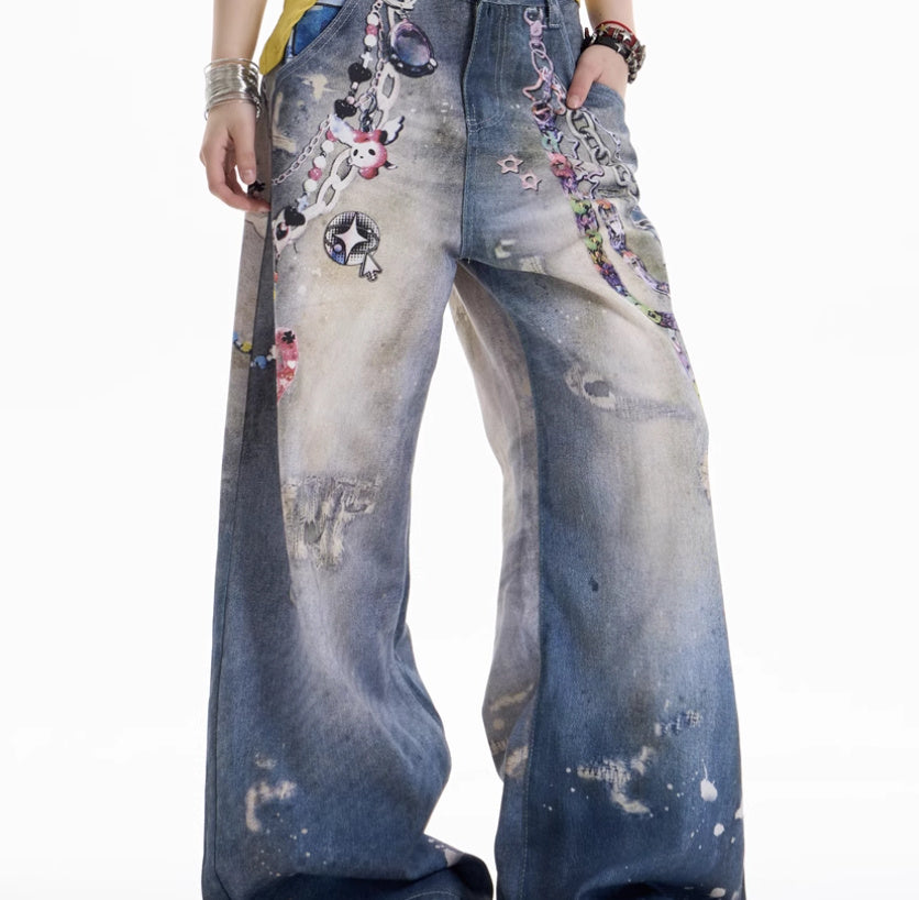 Retro Chain Printed Jeans