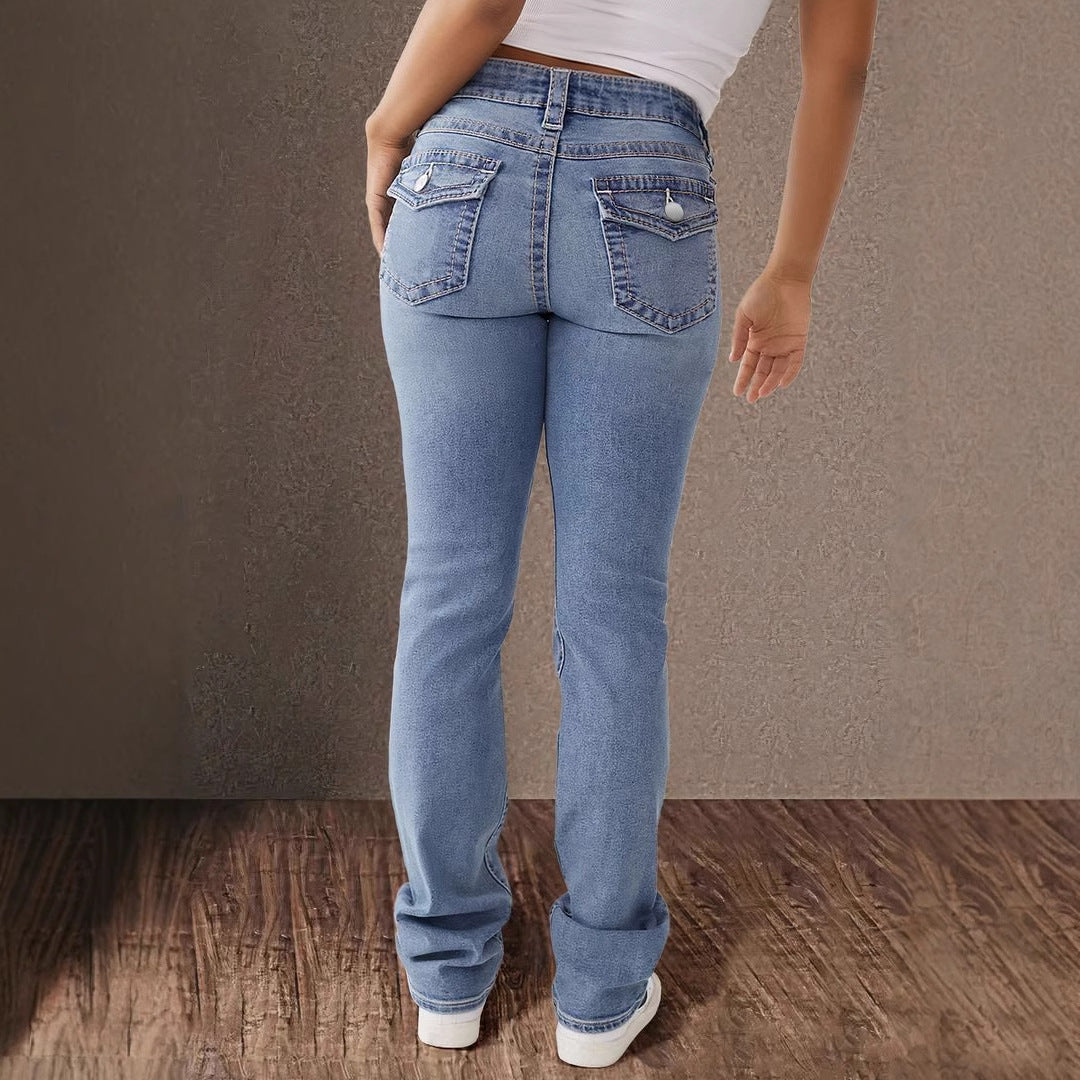 Spring Festival New Double Button Mid-waist Straight Jeans Women's Slim-fit Elegant Pants