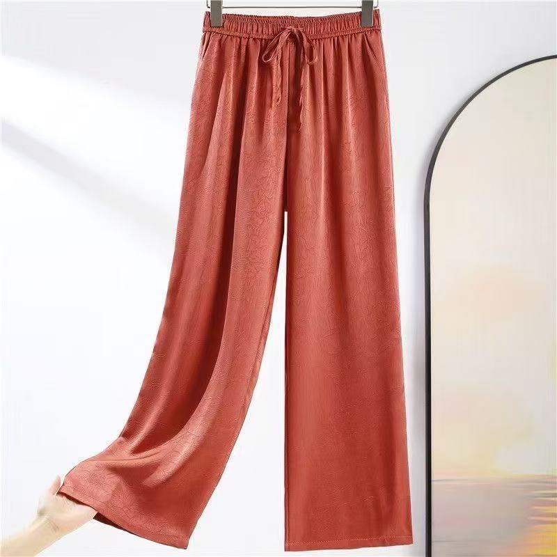 New Chinese Acetic Acid Satin Jacquard Wide Leg Pants Women's Spring And Summer Thin High Waist Dosing Narrow Style Straight Style National Style Casual Pants