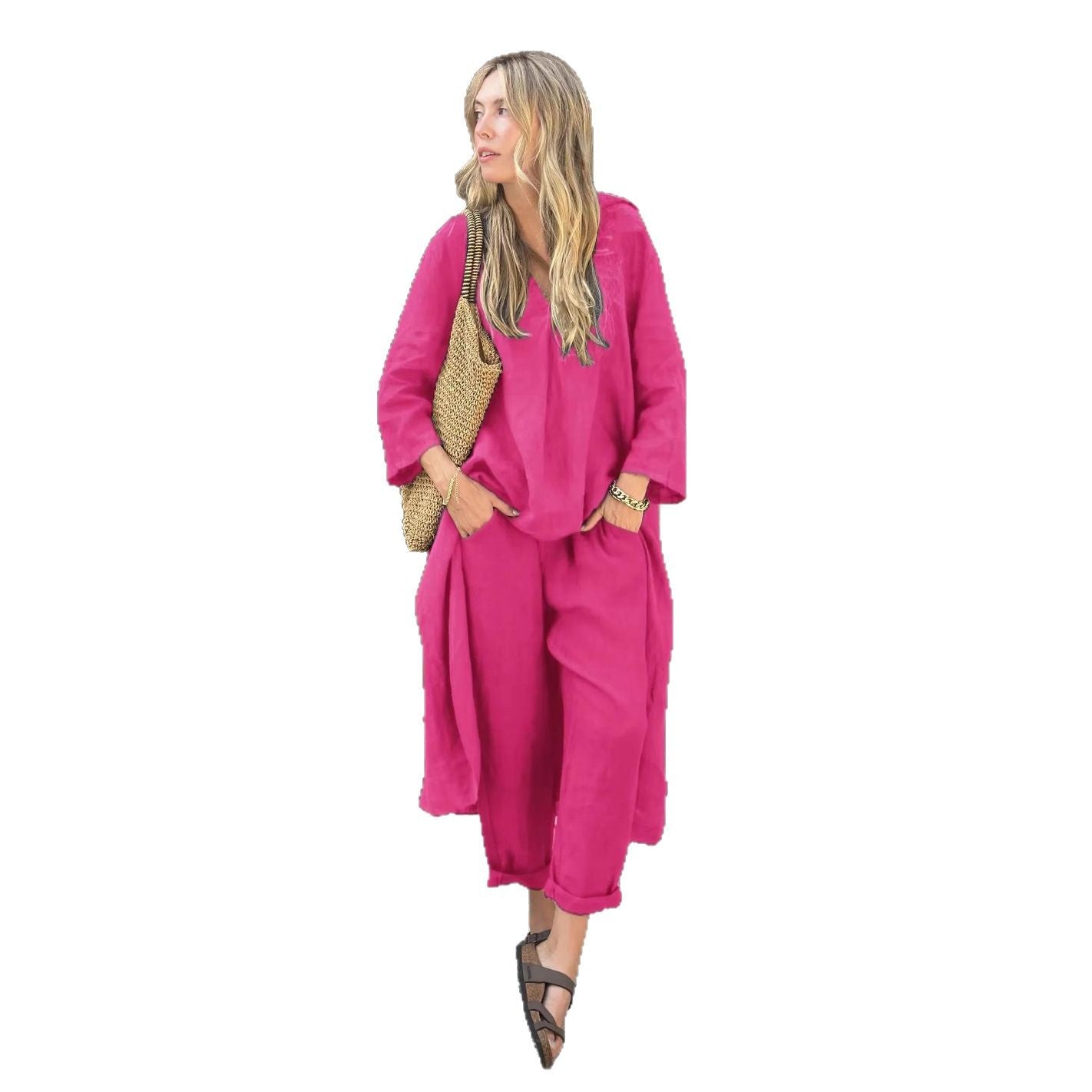 Women's 2-piece Set Plus Size Cotton And Linen Shirt Suit High Waist Loose Trousers