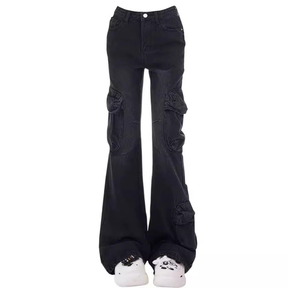 American Retro Black Grey Micro-Lara Tooling Jeans Girls Niche National Trendy High Waist Slimming Horseshoe Trousers