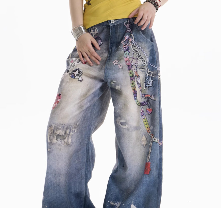 Retro Chain Printed Jeans