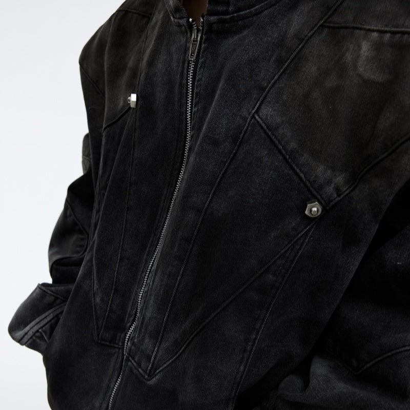 Distressed Padded Shoulder Hooded Denim Jacket Suit Metal Embellished Jeans
