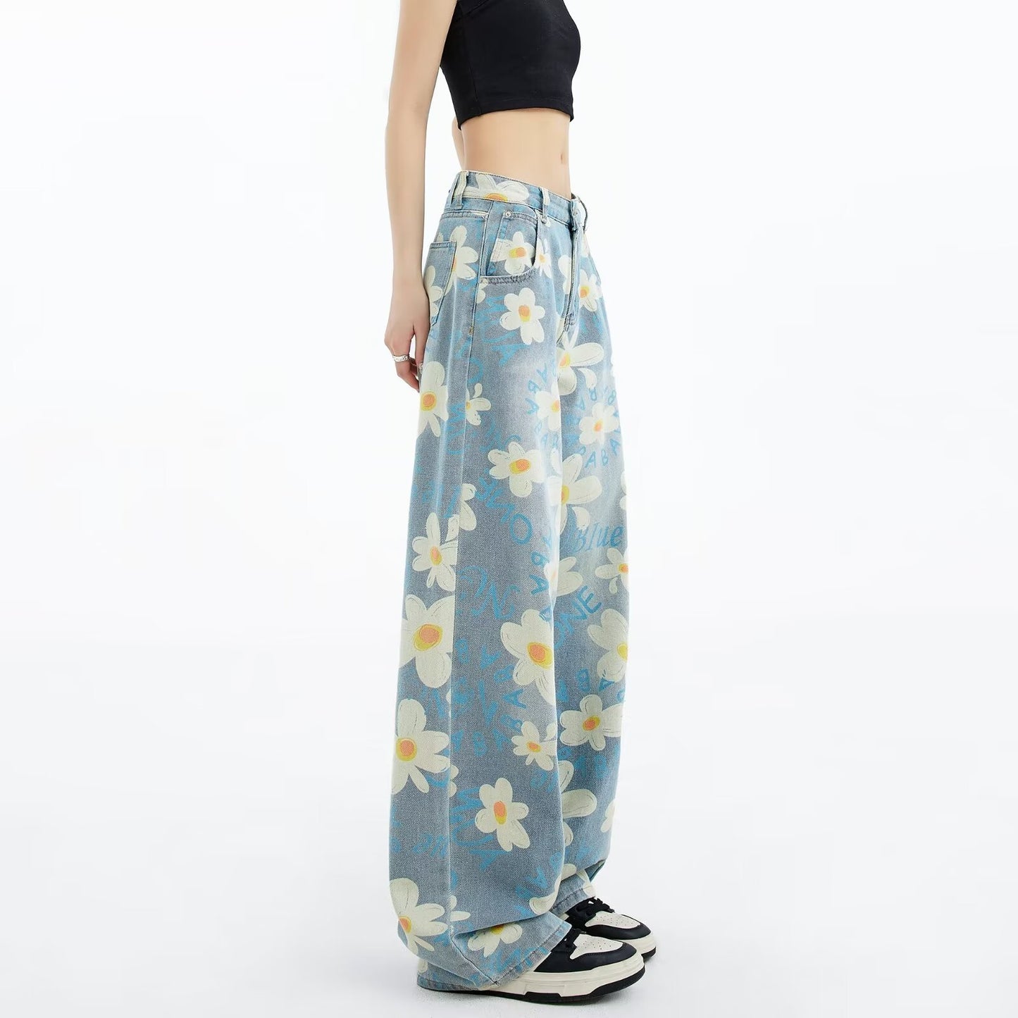 Printed Floral Wide-leg Jeans