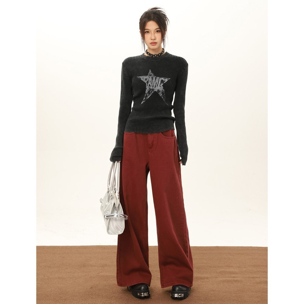 Wine Red Wide Leg Jeans For Women In Autumn And Winter
