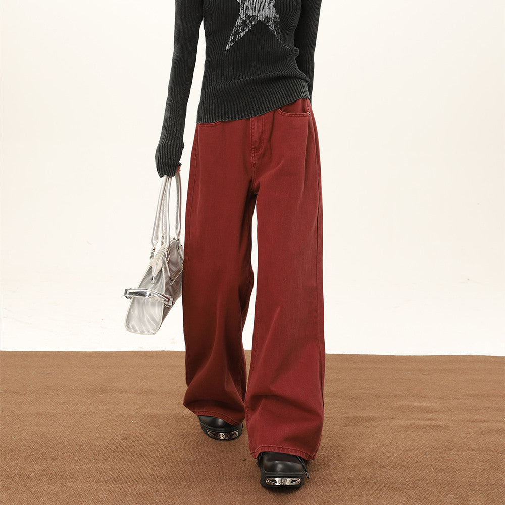 Wine Red Wide Leg Jeans For Women In Autumn And Winter