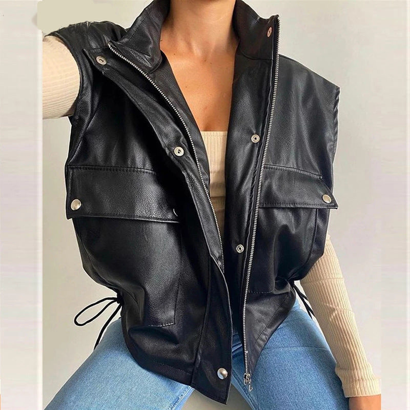 Sleeveless PU Leather Jacket Loose Waistcoat Women's