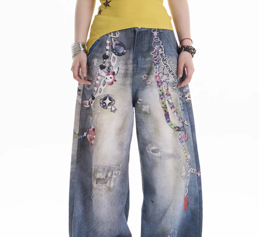 Retro Chain Printed Jeans