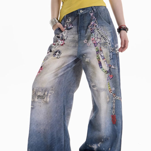 Retro Chain Printed Jeans