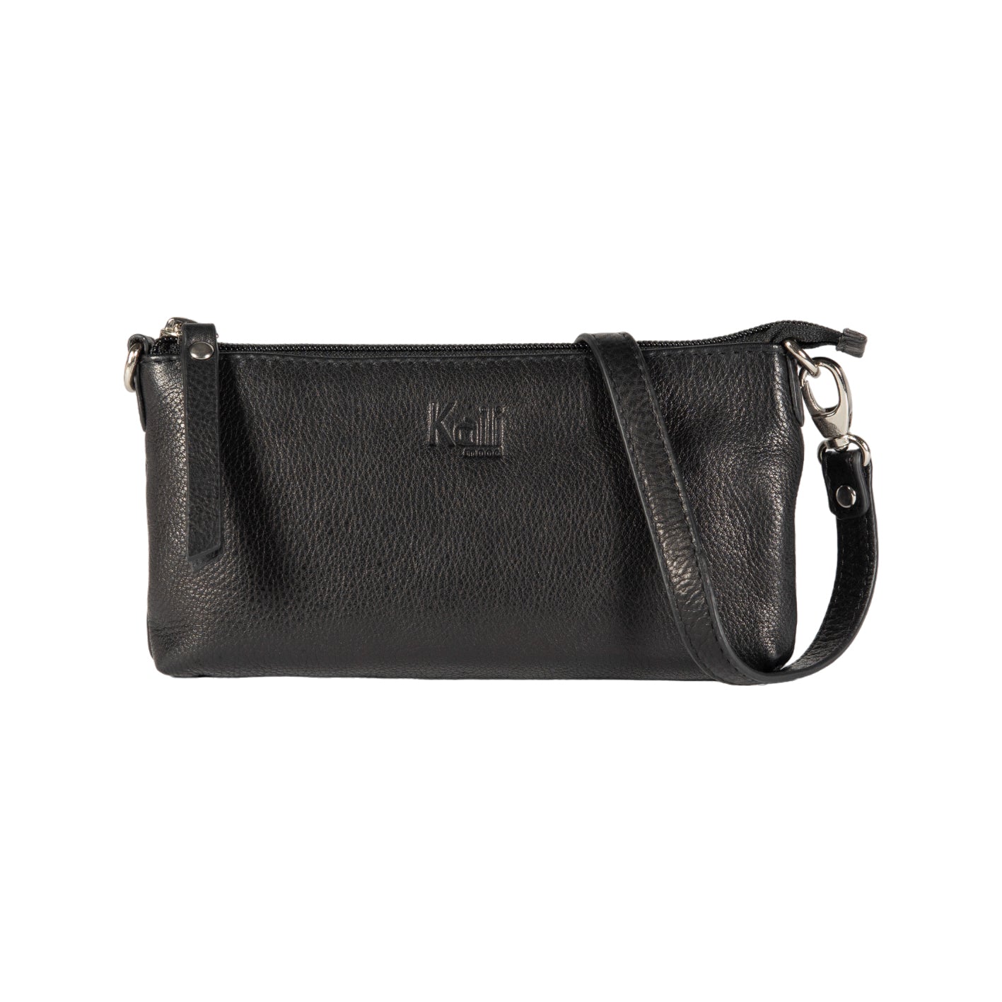 K0013AB | Women's Shoulder Bag in Genuine Full-Grain Leather with a Light Grain. Removable Shoulder Strap. Polished Nickel Accessories. Black Color. Dimensions: 20 x 10.5 x 2 cm. Packaging: Non-woven Bag-0