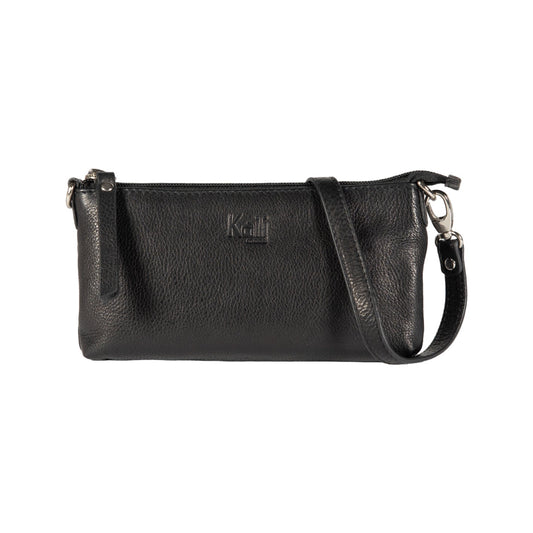 K0013AB | Women's Shoulder Bag in Genuine Full-Grain Leather with a Light Grain. Removable Shoulder Strap. Polished Nickel Accessories. Black Color. Dimensions: 20 x 10.5 x 2 cm. Packaging: Non-woven Bag-0