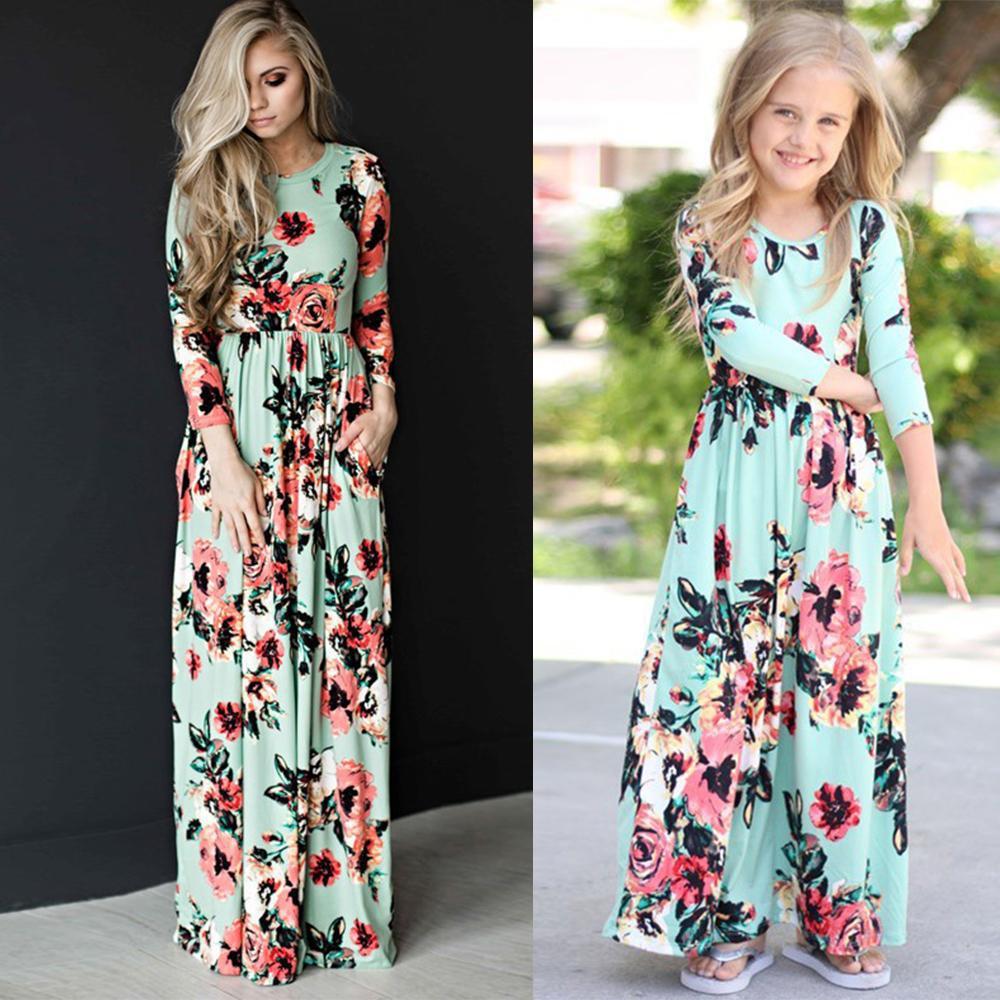 Parent-child Dress Ebay Printed Mother-daughter Dress Women&#039;s Nine-sleeve Long Dress