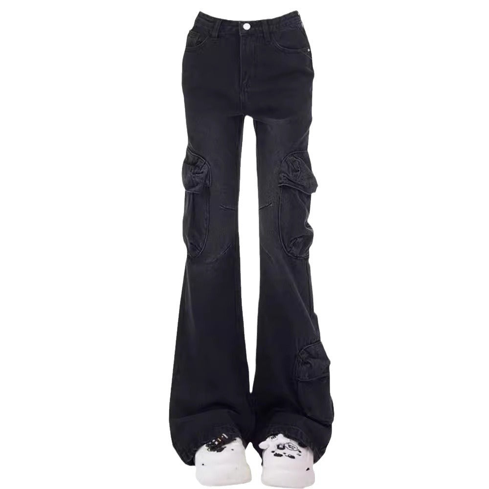 American Retro Black Grey Micro-Lara Tooling Jeans Girls Niche National Trendy High Waist Slimming Horseshoe Trousers