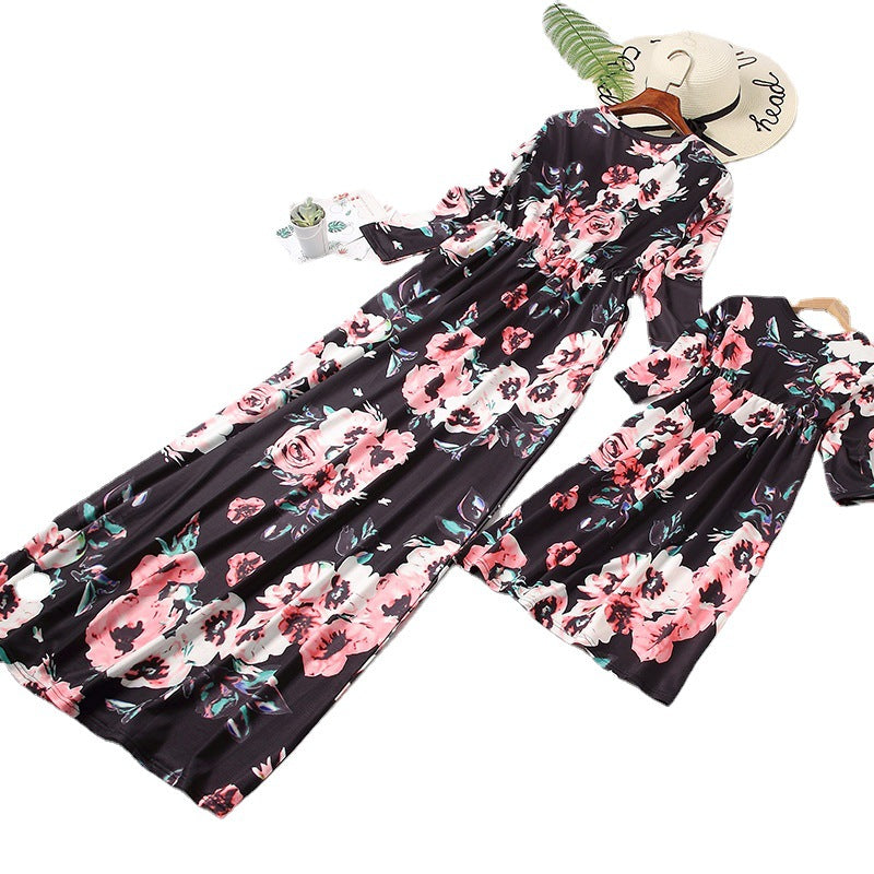 Parent-child Dress Ebay Printed Mother-daughter Dress Women&#039;s Nine-sleeve Long Dress