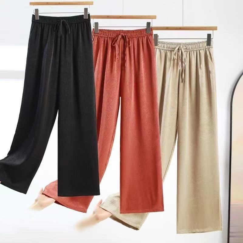 New Chinese Acetic Acid Satin Jacquard Wide Leg Pants Women&#039;s Spring And Summer Thin High Waist Dosing Narrow Style Straight Style National Style Casual Pants