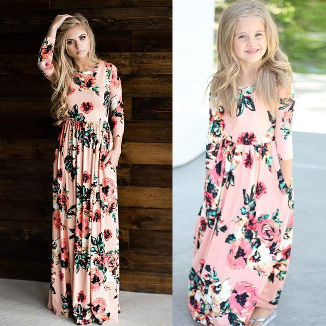 Parent-child Dress Ebay Printed Mother-daughter Dress Women&#039;s Nine-sleeve Long Dress
