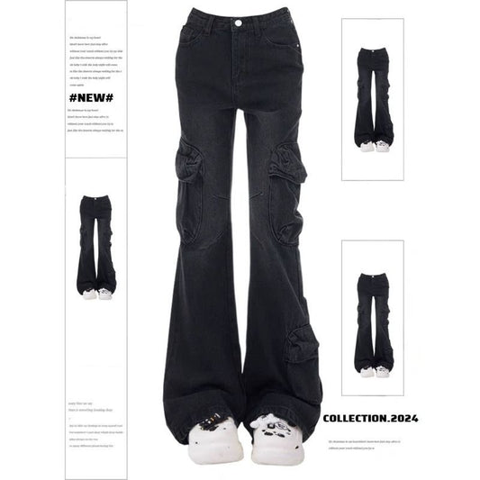 American Retro Black Grey Micro-Lara Tooling Jeans Girls Niche National Trendy High Waist Slimming Horseshoe Trousers