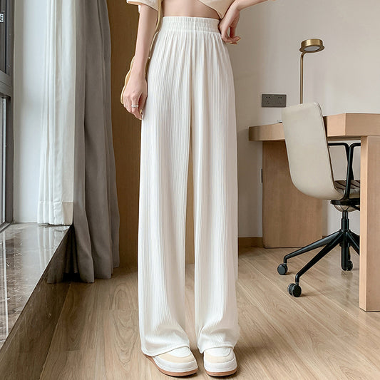 Ice Silk Wide-Leg Pants For Women, Thin Chiffon High-Waist Drape, Loose Straight-Leg Slimming Casual Floor-Length Pants For Women