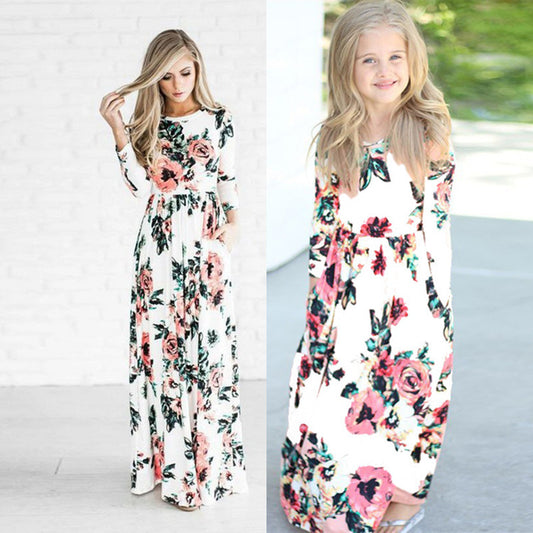 Parent-child Dress Ebay Printed Mother-daughter Dress Women&#039;s Nine-sleeve Long Dress