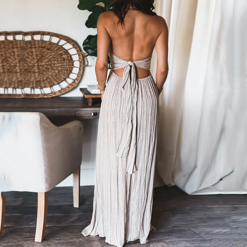 Summer New Solid Color Sexy Backless U-Collar Strap Back Long Dress