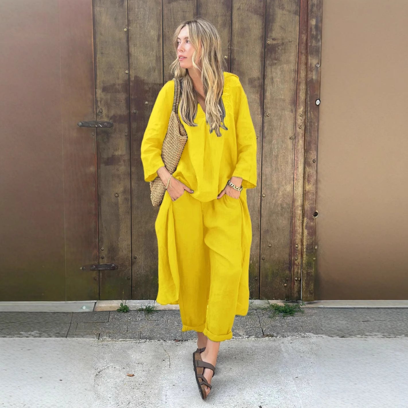 Women&#039;s 2-piece Set Plus Size Cotton And Linen Shirt Suit High Waist Loose Trousers