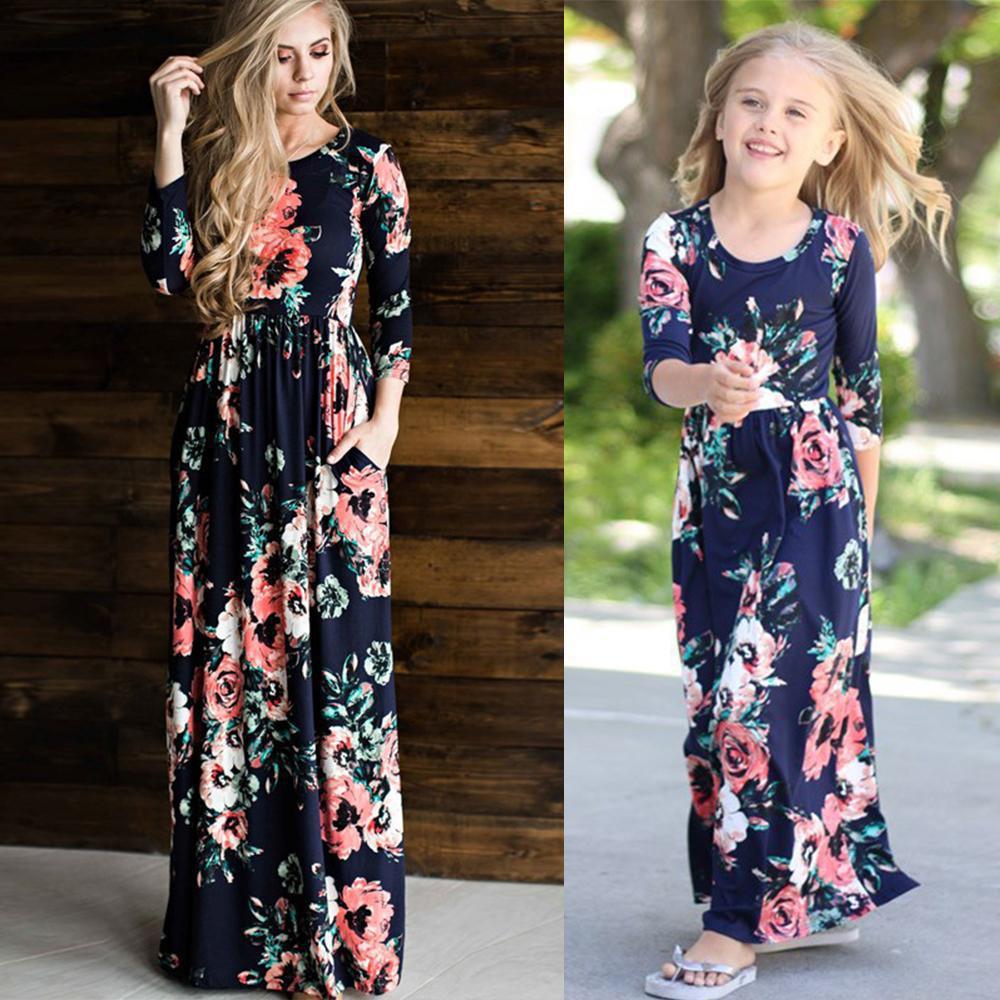 Parent-child Dress Ebay Printed Mother-daughter Dress Women&#039;s Nine-sleeve Long Dress