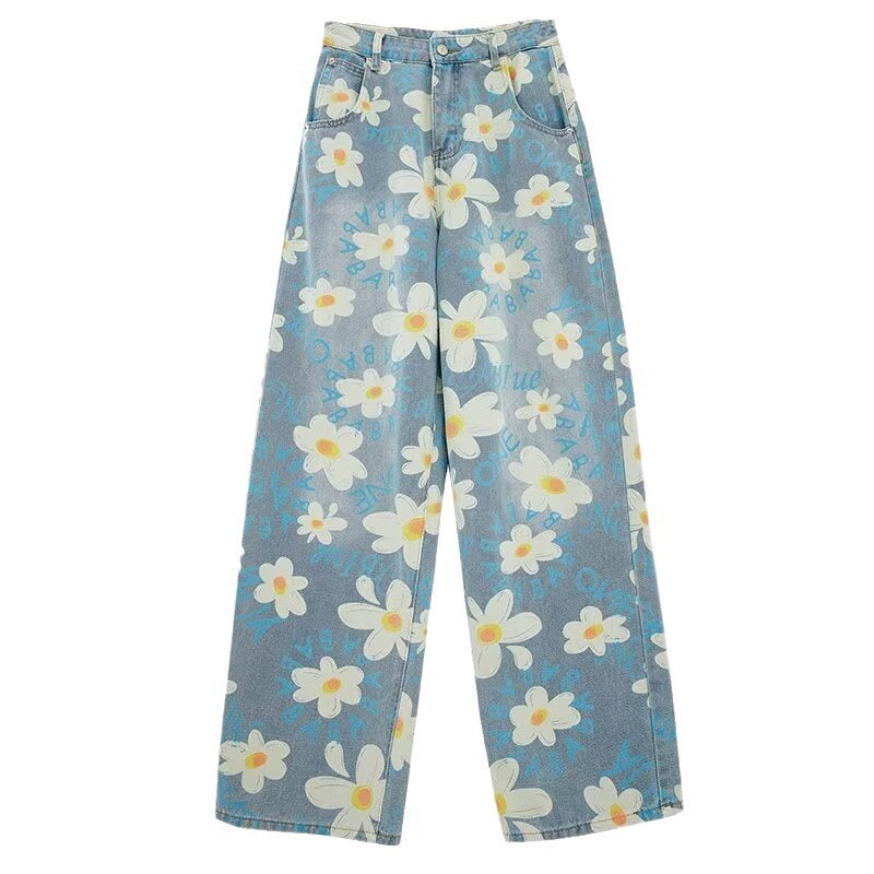 Printed Floral Wide-leg Jeans
