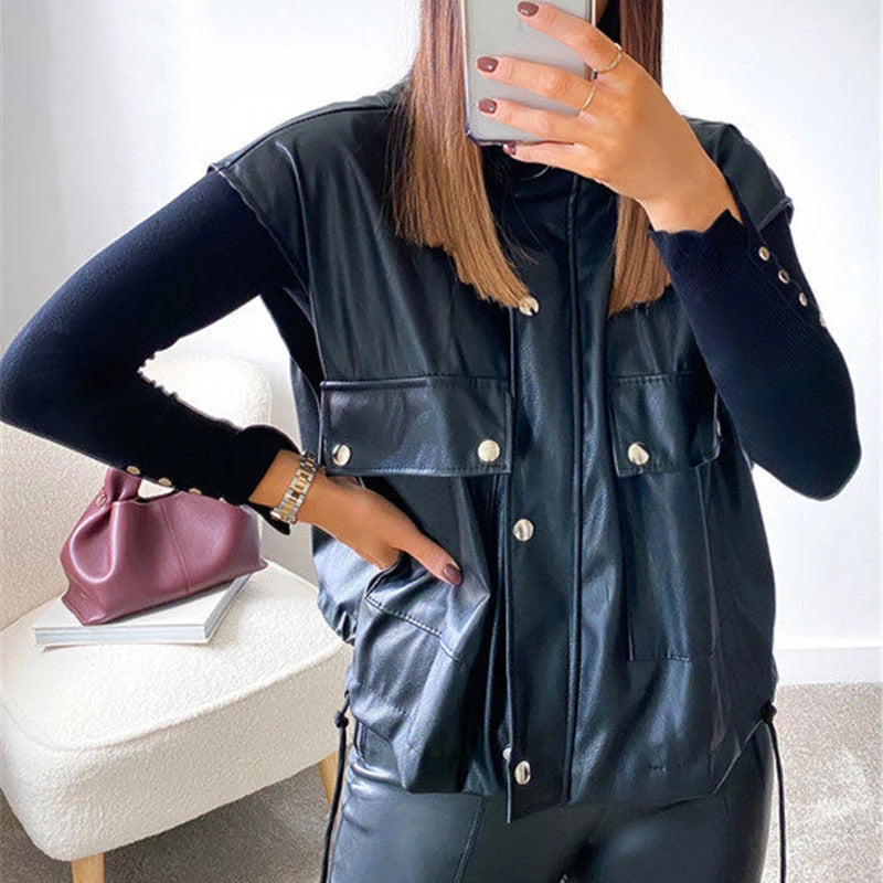 Sleeveless PU Leather Jacket Loose Waistcoat Women's