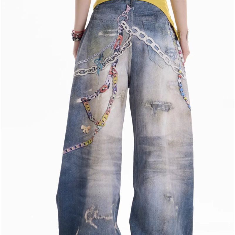 Retro Chain Printed Jeans
