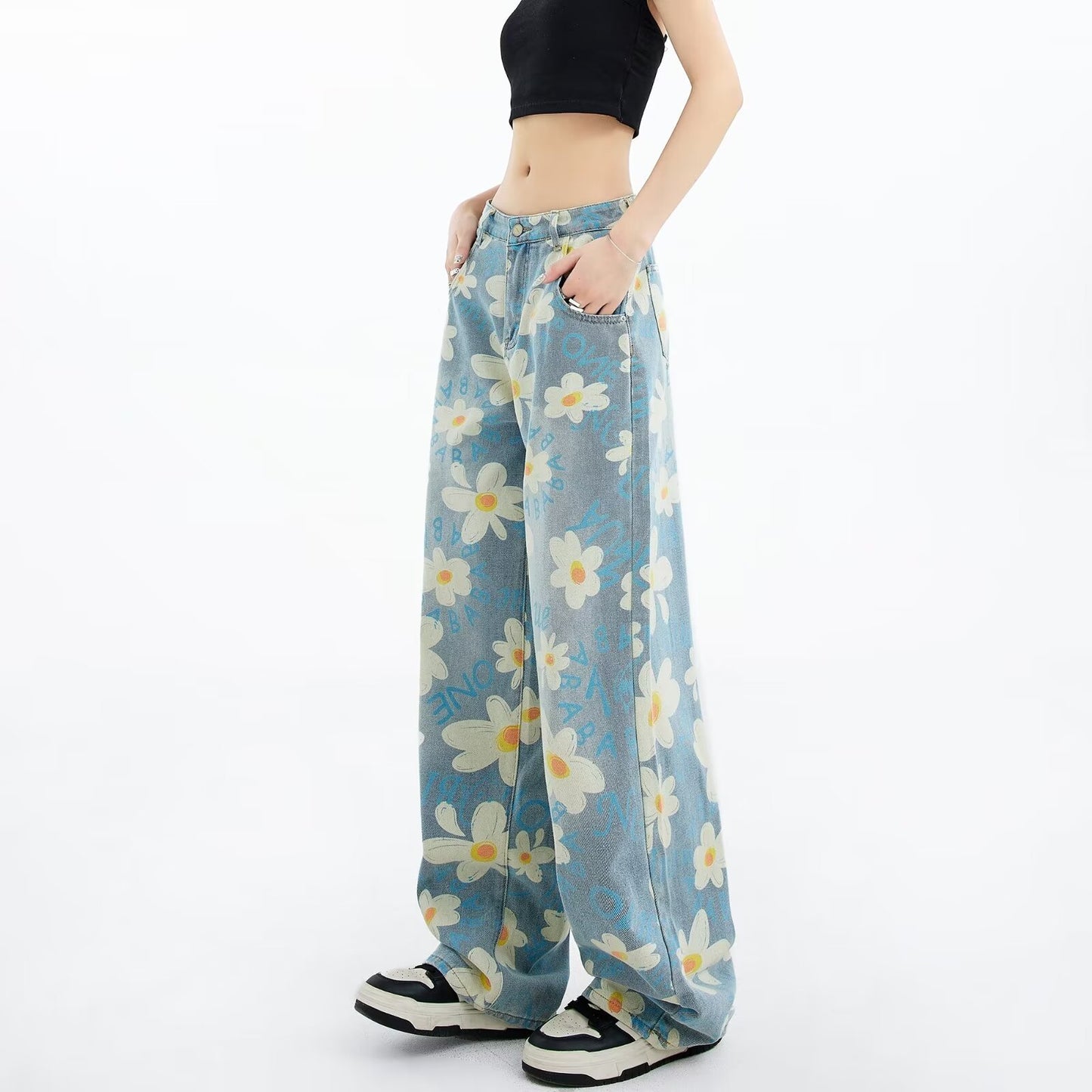 Printed Floral Wide-leg Jeans