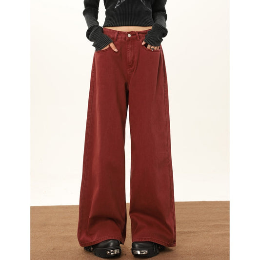 Wine Red Wide Leg Jeans For Women In Autumn And Winter