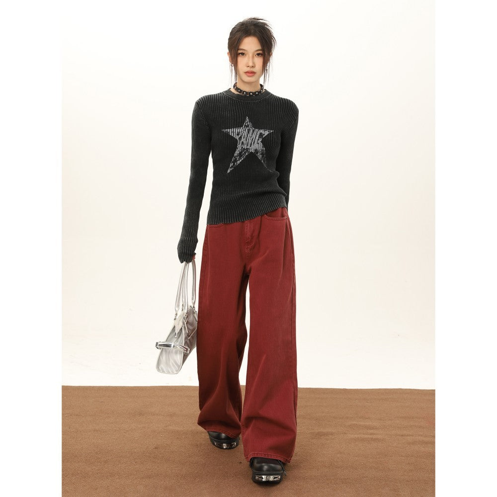 Wine Red Wide Leg Jeans For Women In Autumn And Winter