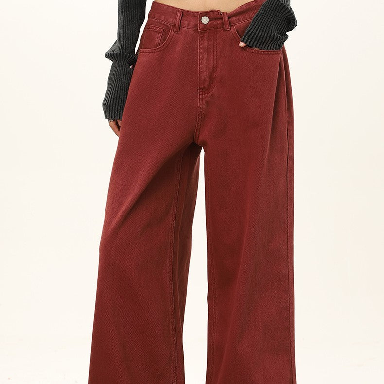 Wine Red Wide Leg Jeans For Women In Autumn And Winter