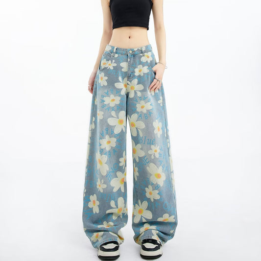 Printed Floral Wide-leg Jeans